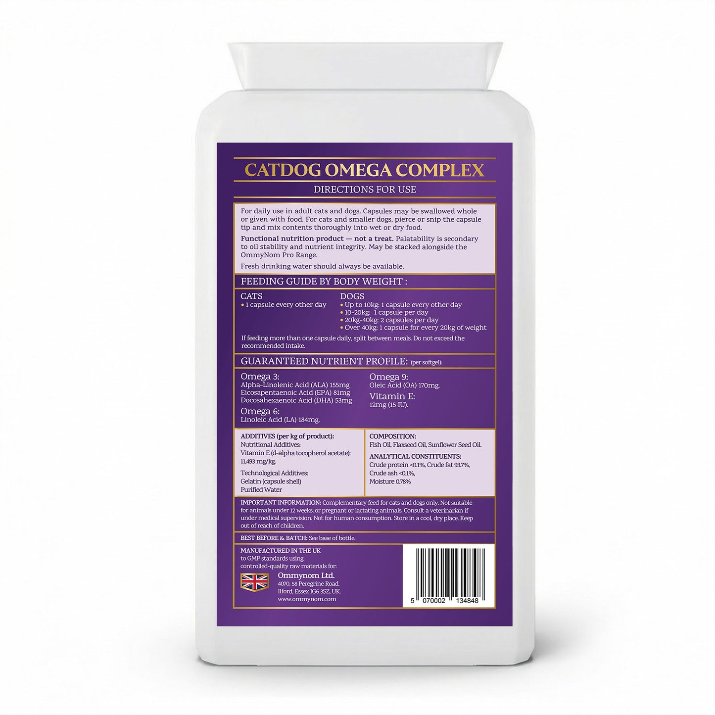 Ommynom CatDog Omega Complex – Omega 3-6-9 Supplement for Cats & Dogs (120 Softgels)
