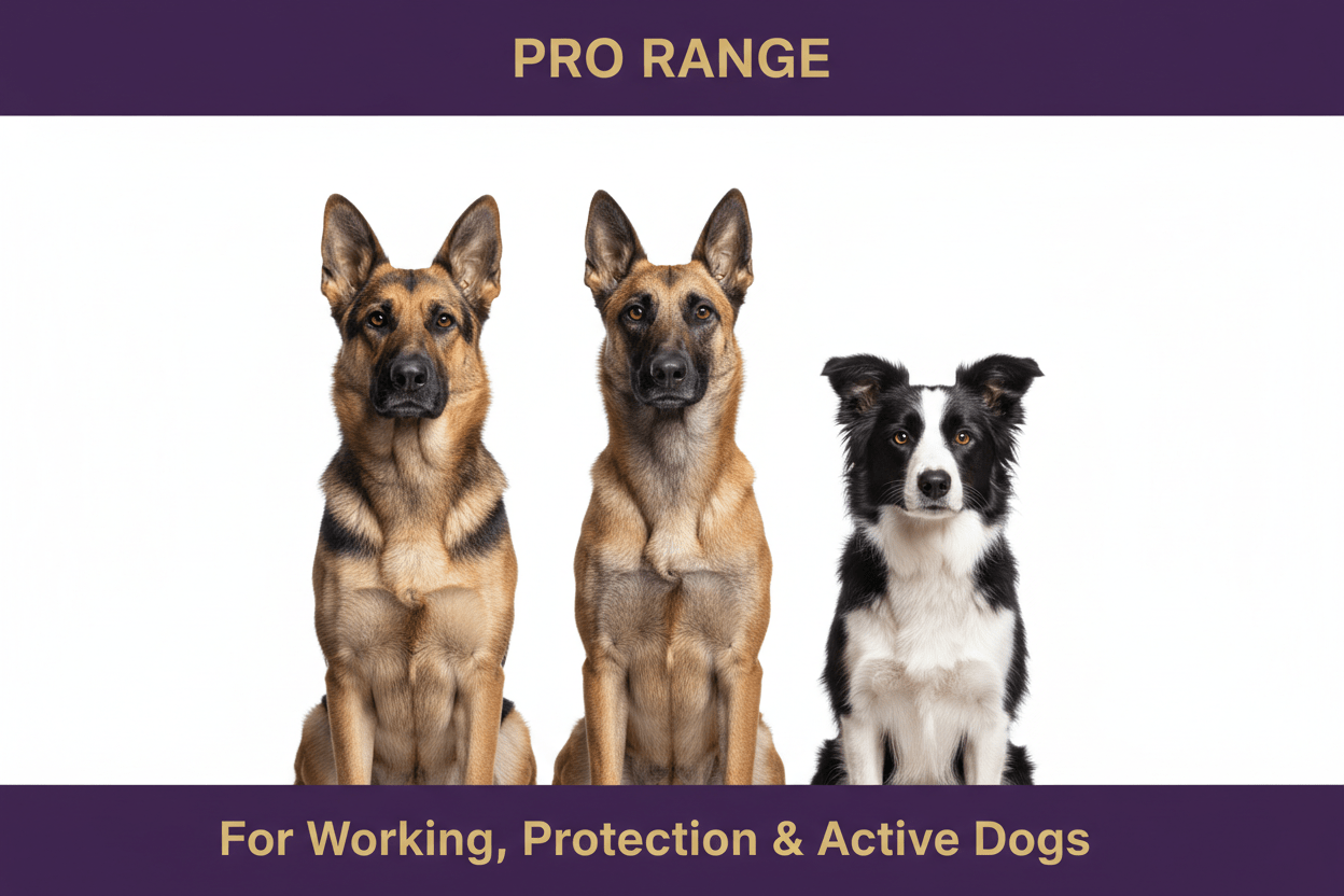 Three working dogs — German Shepherd, Belgian Malinois, and Border Collie — representing the Ommynom Pro Range of premium supplements for working, protection, and active dogs.